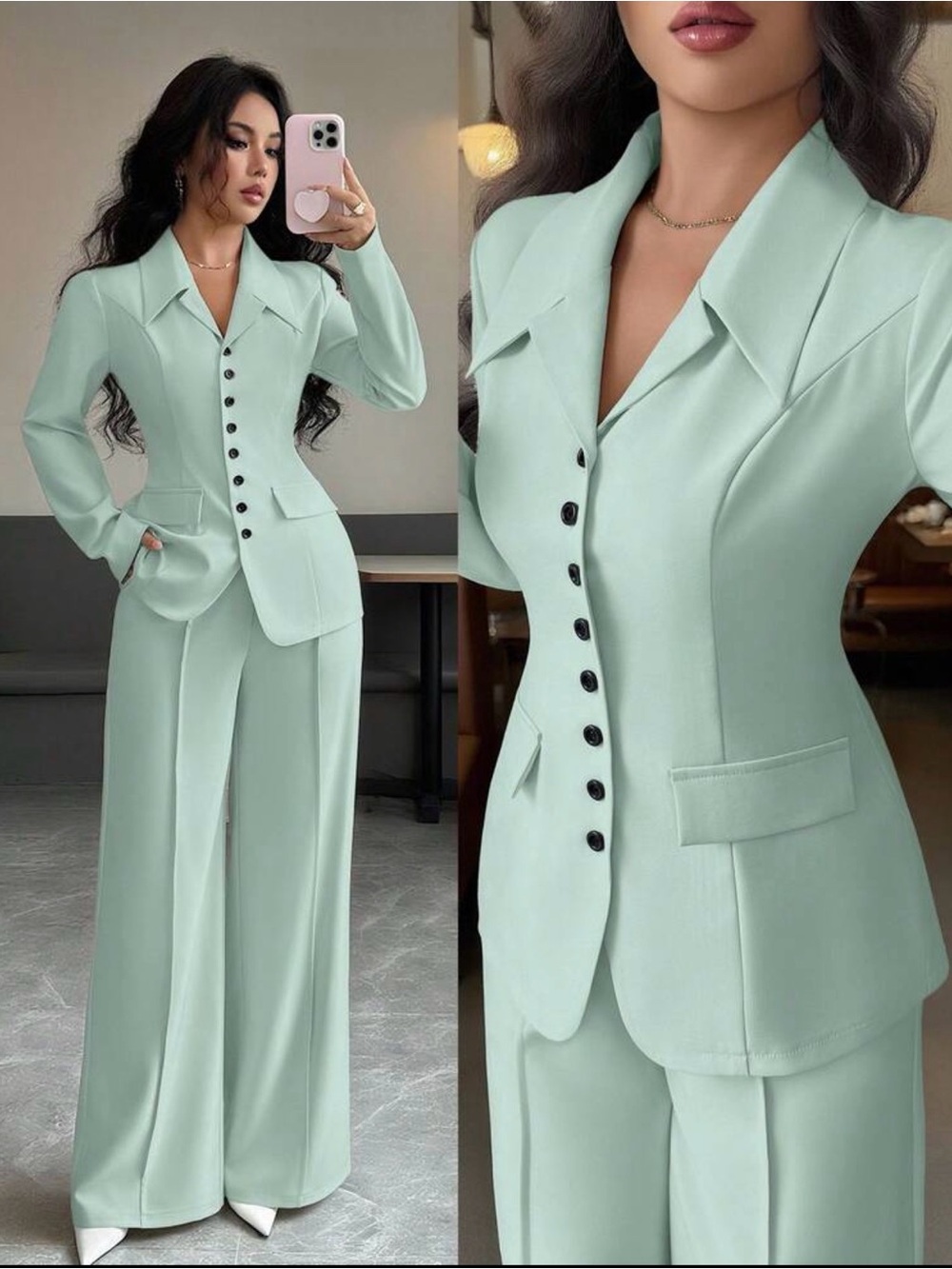 Tailored Mint Green Women's Pantsuit with Wide-Leg Trousers